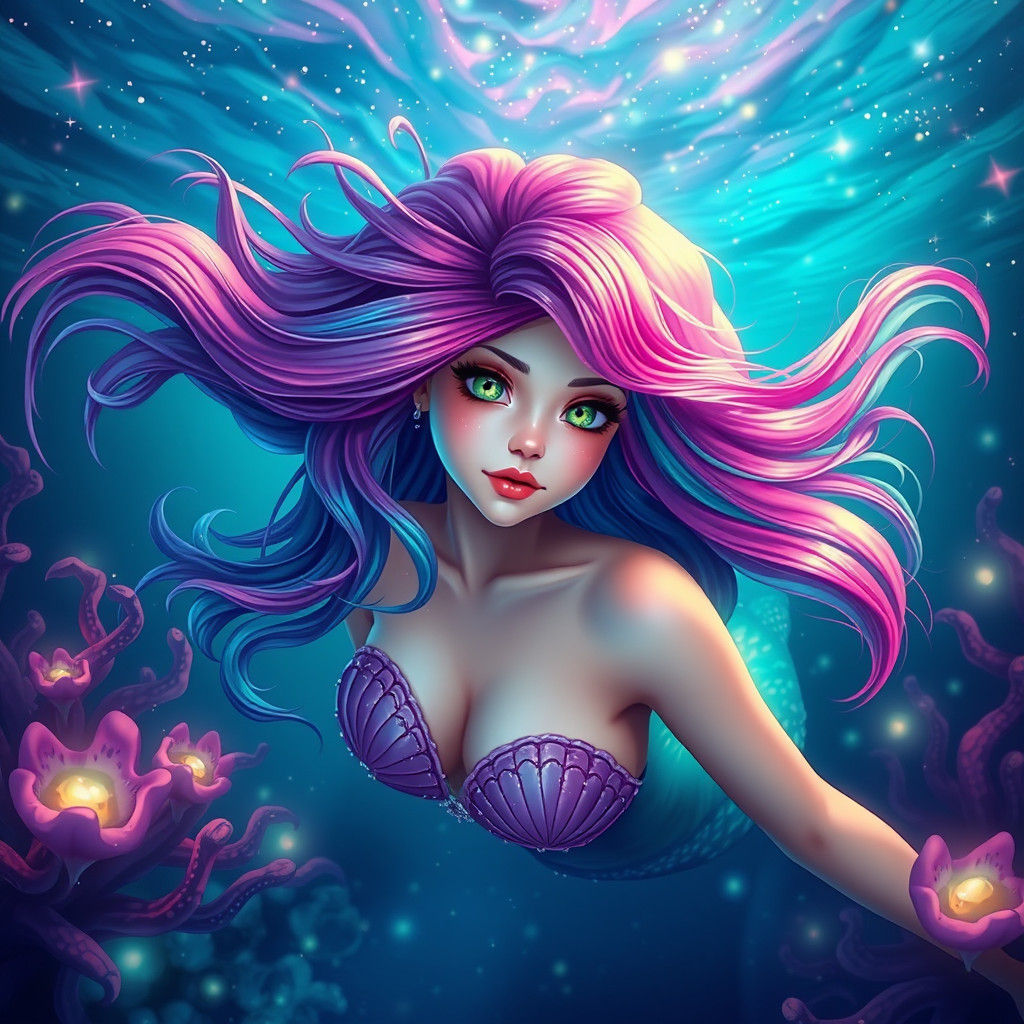 Vibrant Mermaid in Bioluminescent Abyss, as Digital Matte Pa...