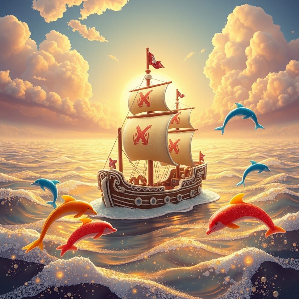 Gingerbread Pirate Ship on Soda Sea, Candy Art