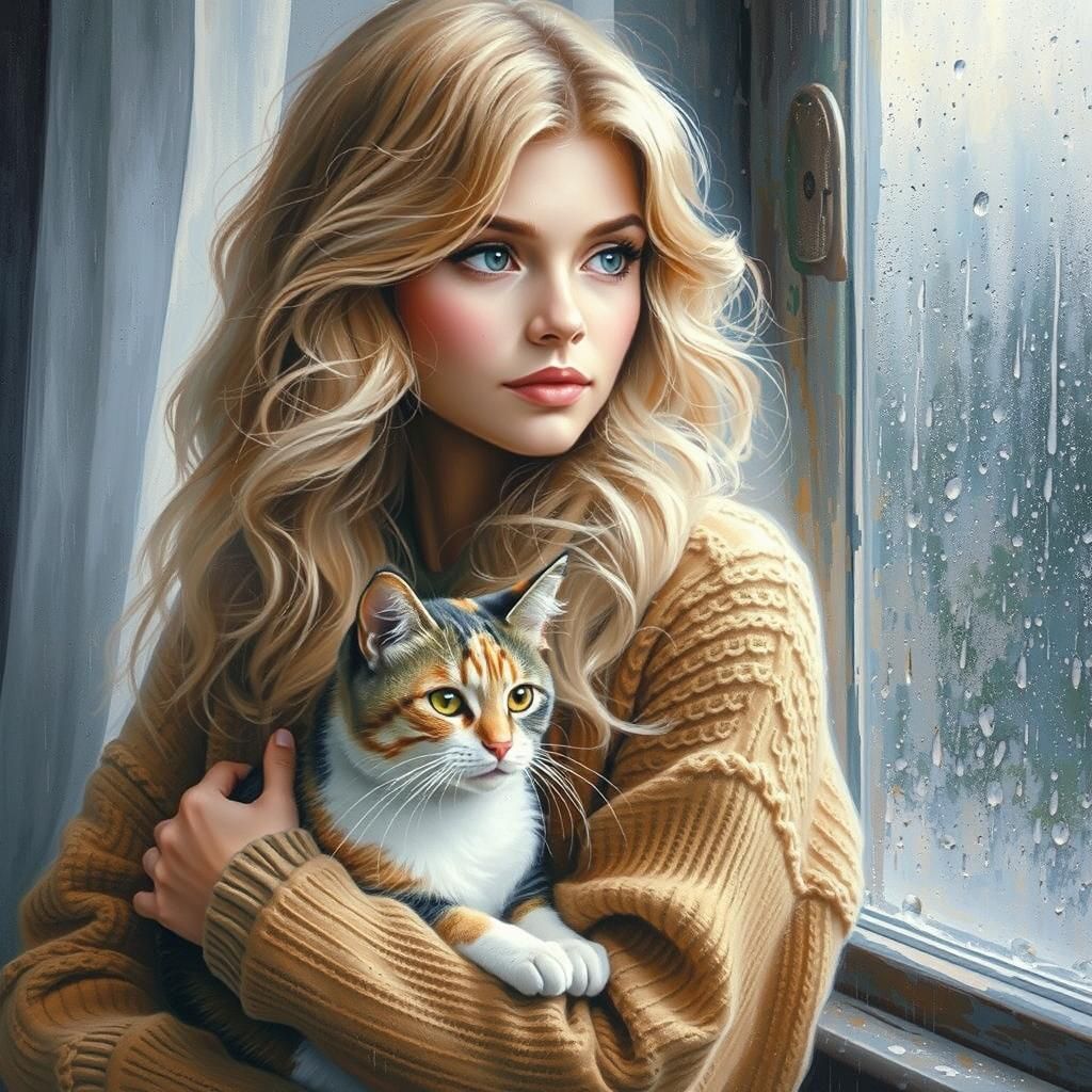 Golden Portrait of Woman with Calico Cat