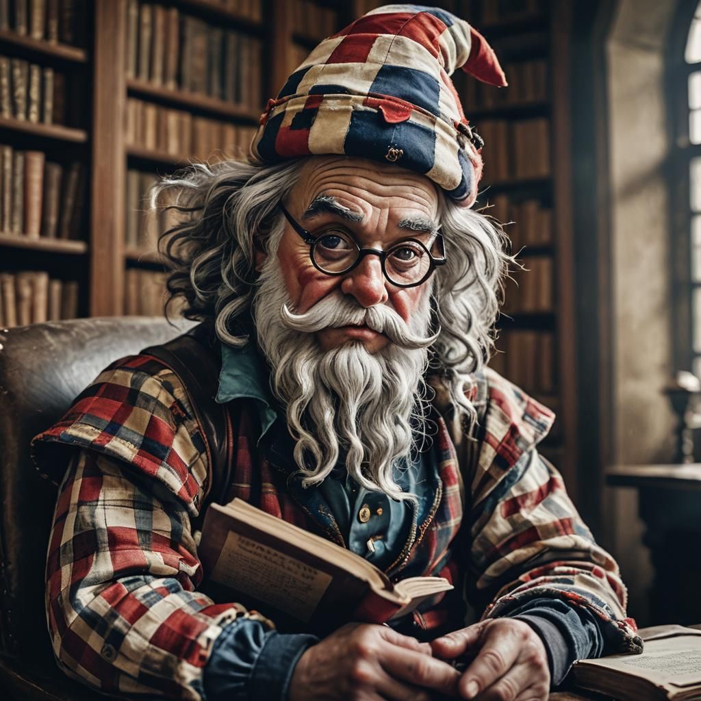 Gnome in Clown Costume Reads in Library