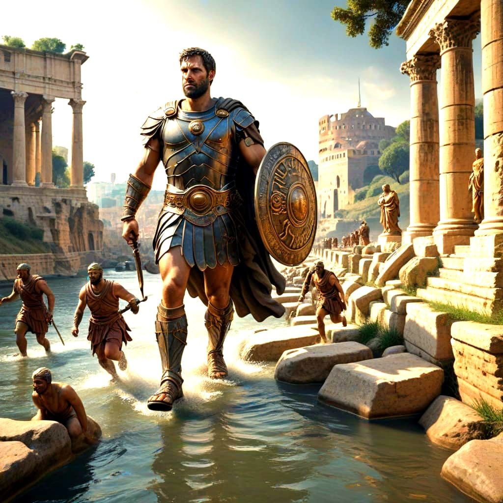 Colossal Roman Warrior Strides Over Ancient Rome