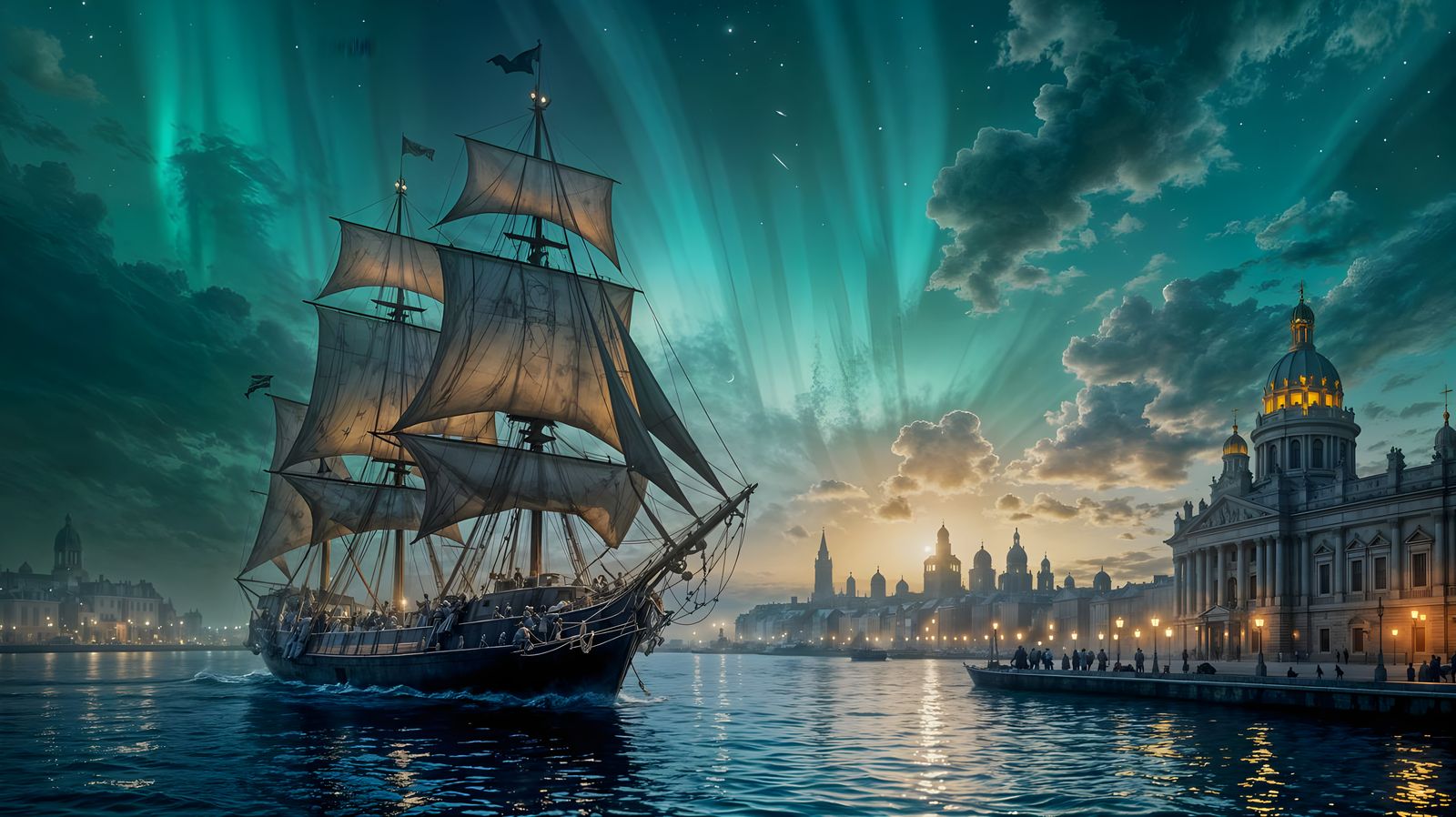 Sleek Frigate Enters Northern City Under Aurora Borealis
