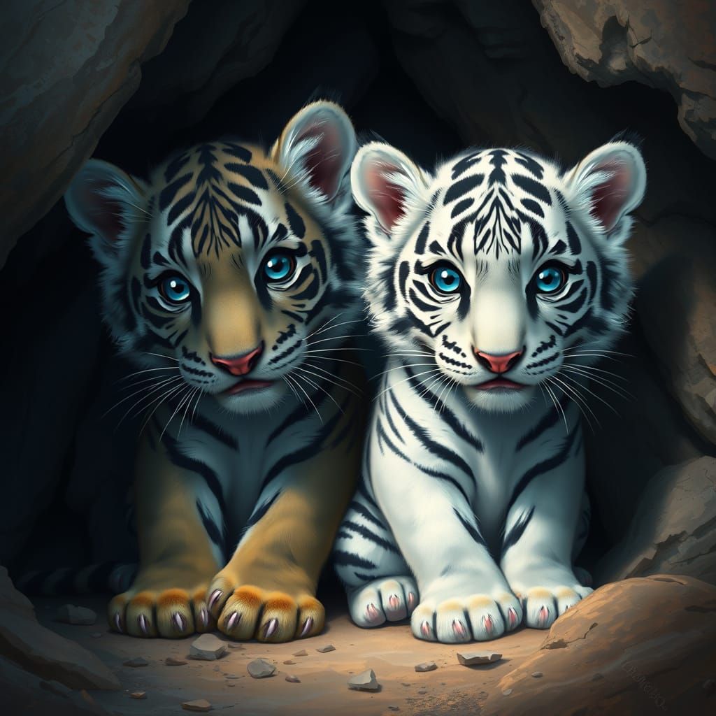 A highly detailed, photorealistic image of two adorable tiger cubs sitting side by side in a cave. One cub has jet-black...