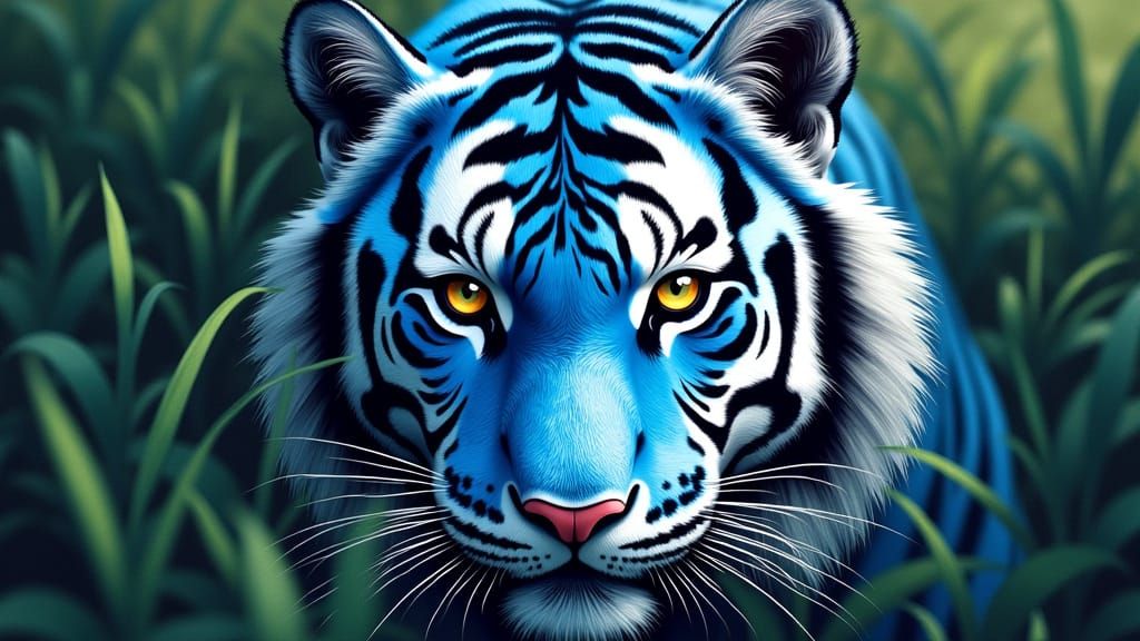 Blue and White Tiger in Forest, Macro Waterpainting