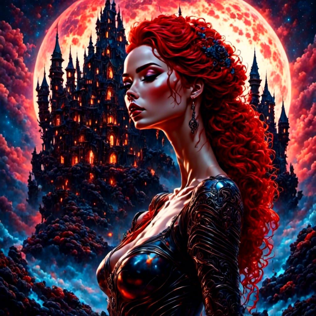 Redhead Knight Before Crystalline Castle: Galaxypunk Fantasy