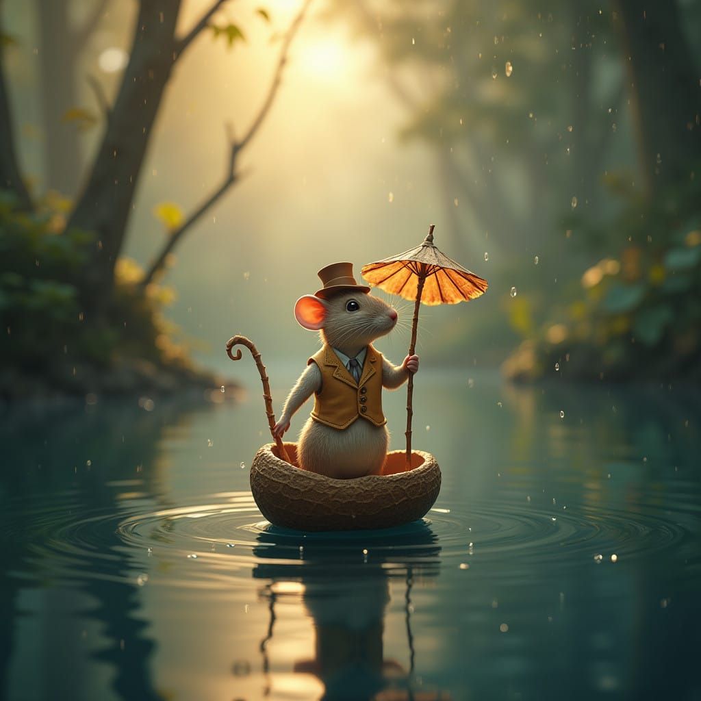 Elegant Mouse Sails Across Glassy Dark Blue Lake in Delicate...