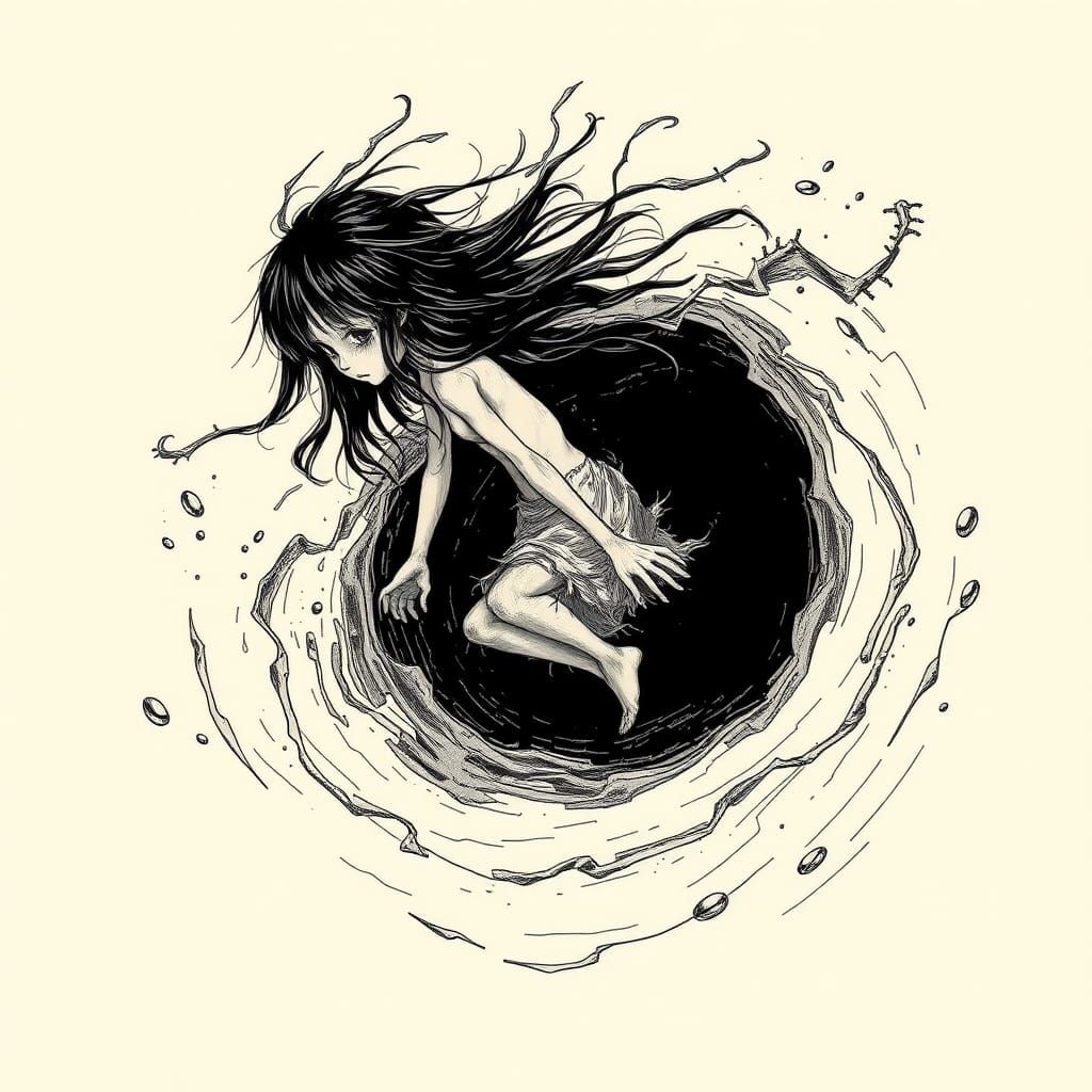 Ghost Girl's Black Hole Transformation in Junji Ito Style