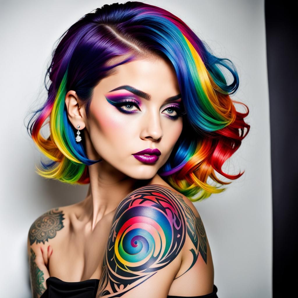 Silkscreen Portrait: Model with Rainbow Hair and Tattoos