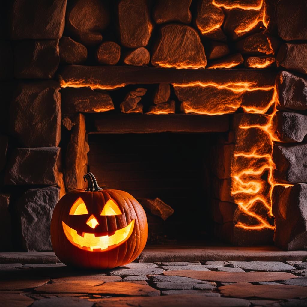 Glowing Jack-o-Lantern by Fireplace
