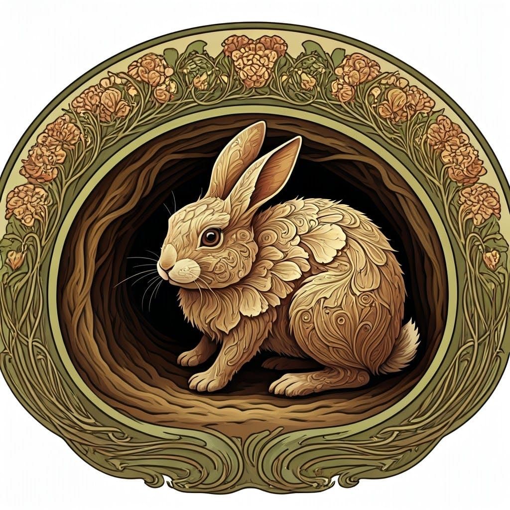 Art Nouveau Rabbits in Elegant, Curved-Line Burrow