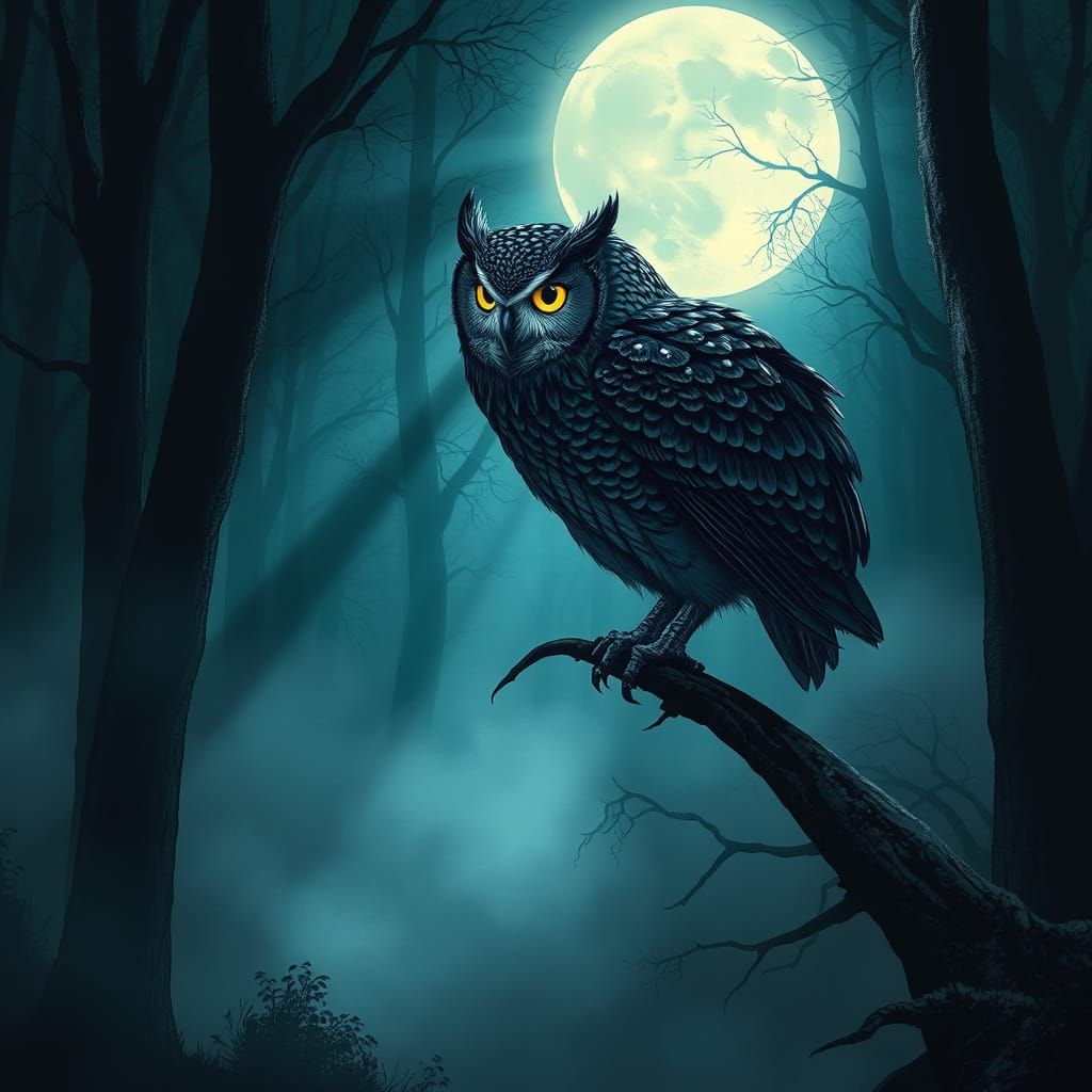 Moonlit Owl in Ethereal Forest, Dark Fantasy Art