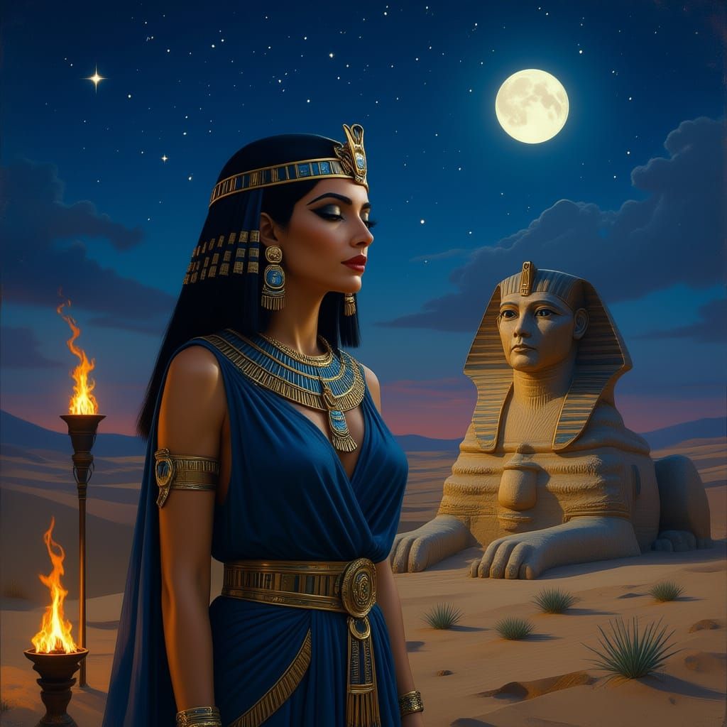 Cleopatra Before Sphinx in Starry Desert Night Oil Painting