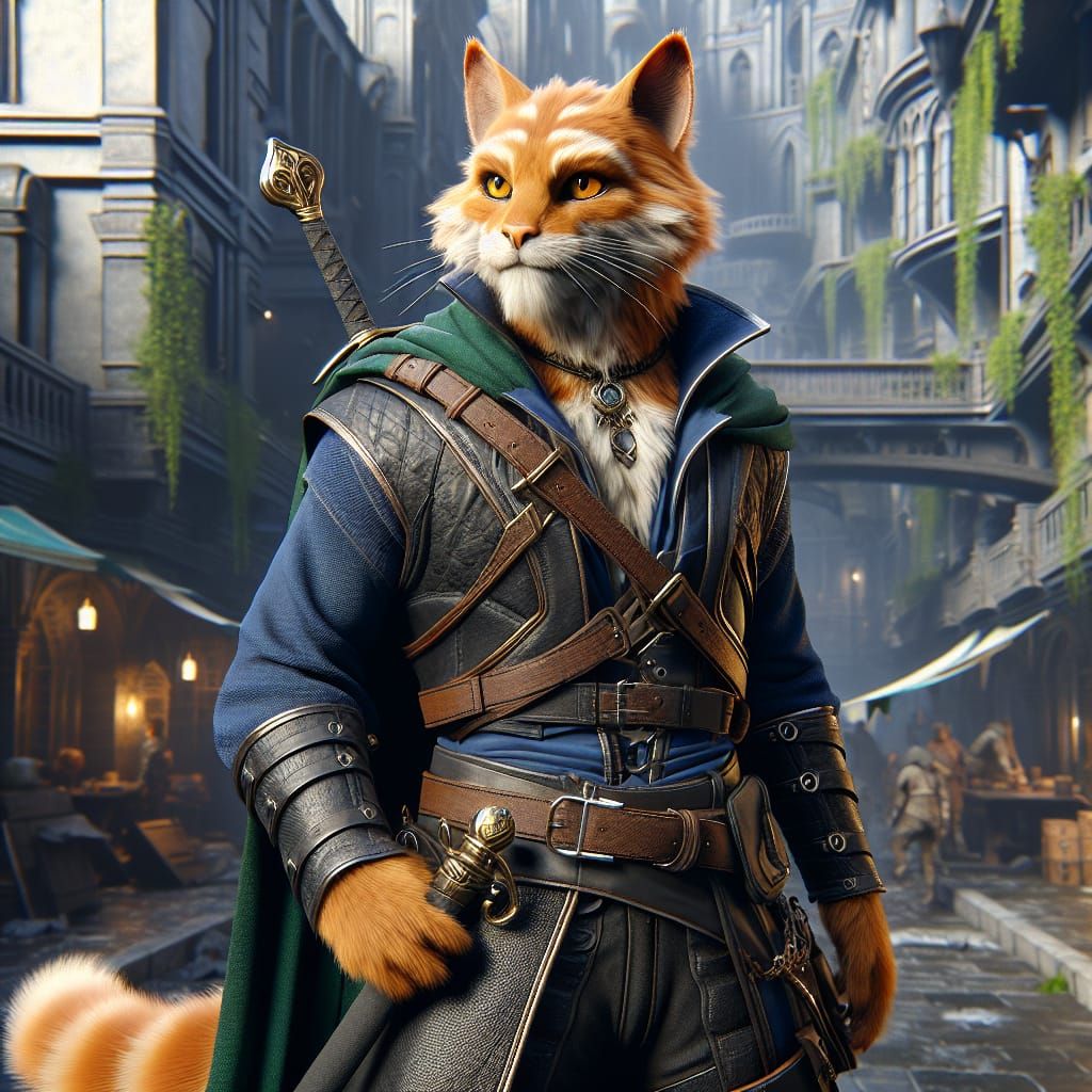 Ginger Tabaxi Warrior in Urban Fantasy Scene