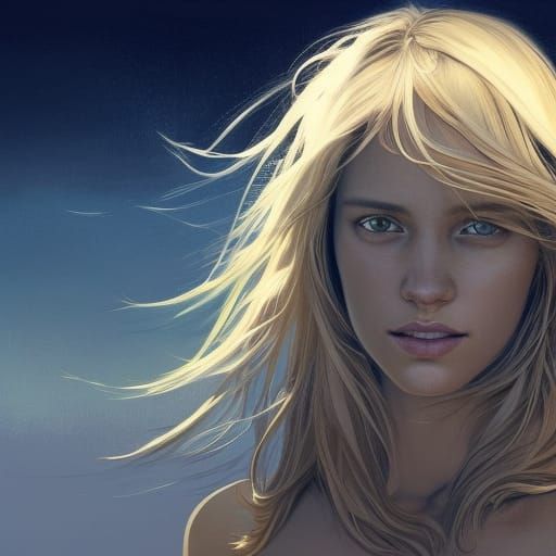 Attractive Blonde Surfer Girl on Moonlit Beach