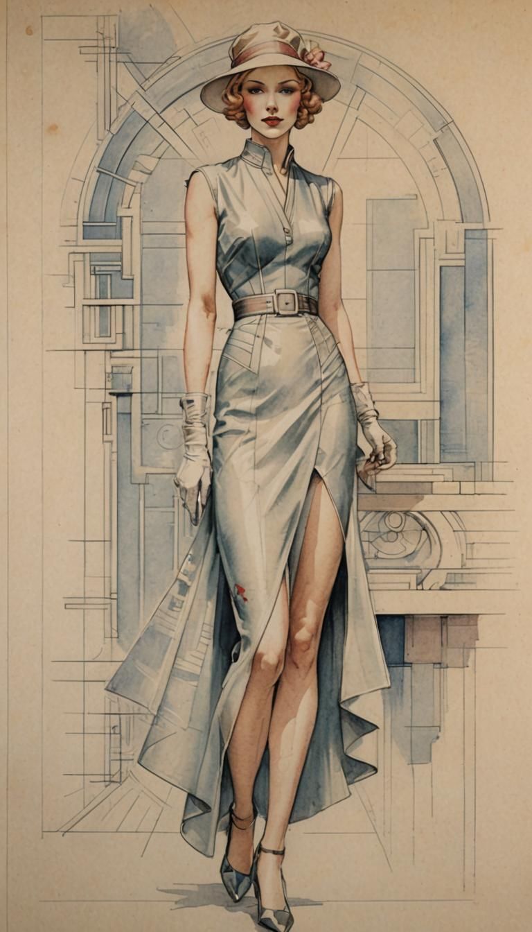 Art Deco Woman: Architect Pencil Sketch with Watercolor