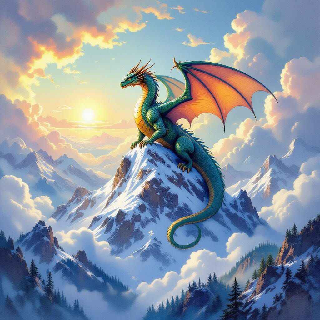 Dragon Surveys Mountain Domain as Impressionist Painting