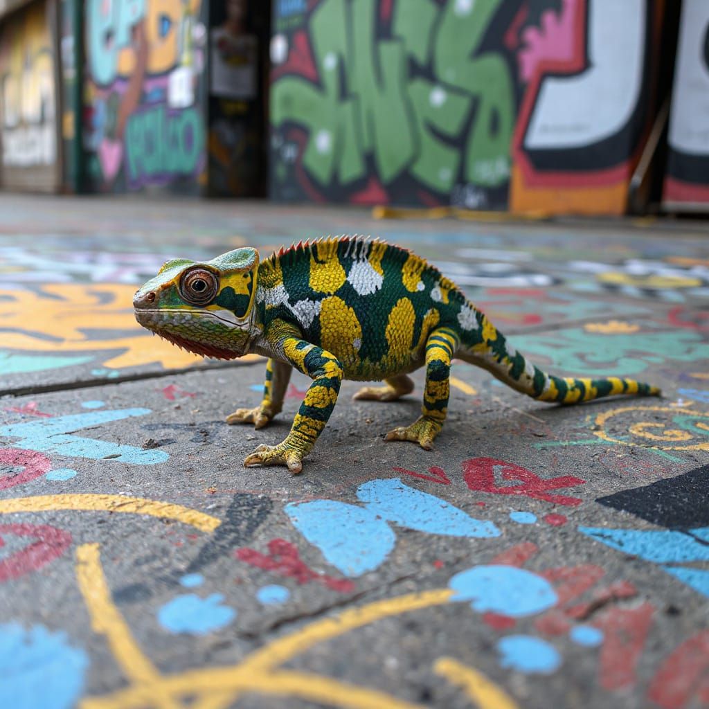 Chameleon Camouflaged on Vibrant Graffiti Urban Floor