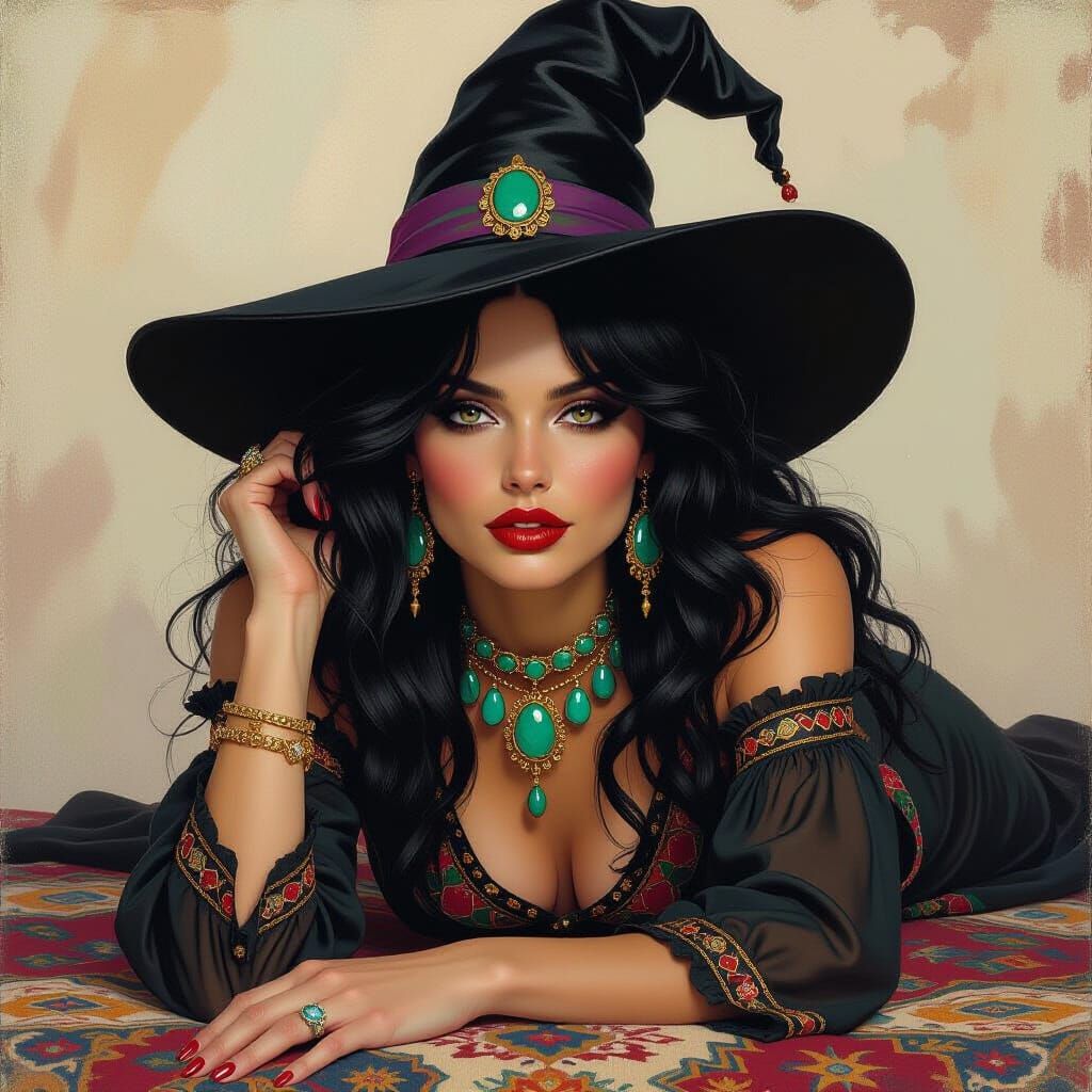 Enchanting Woman with Witch Hat in Oil Painting Style