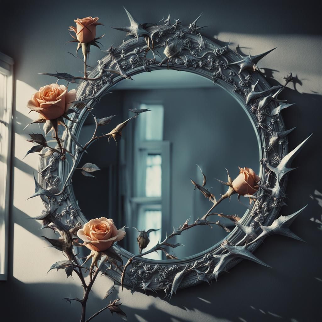 hyperrealistic forbidden mirror, silver roses and thorns of ...