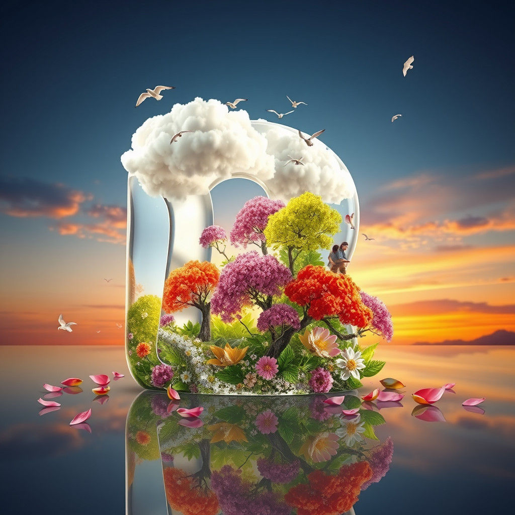 Glass Letter P with Spring Scene in 3D Render