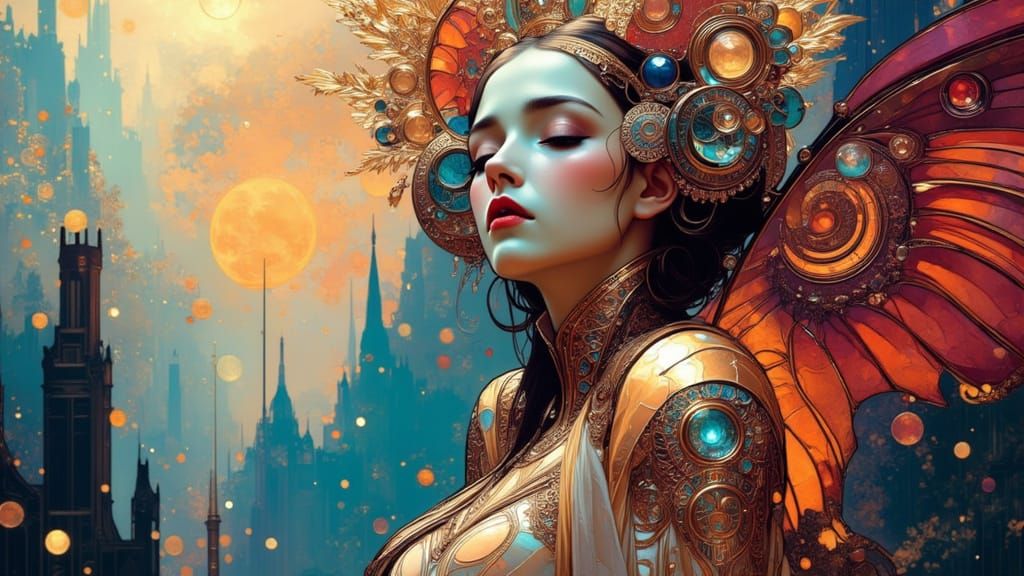 Futuristic Utopian Dystopian Splash Art in Art Nouveau Style