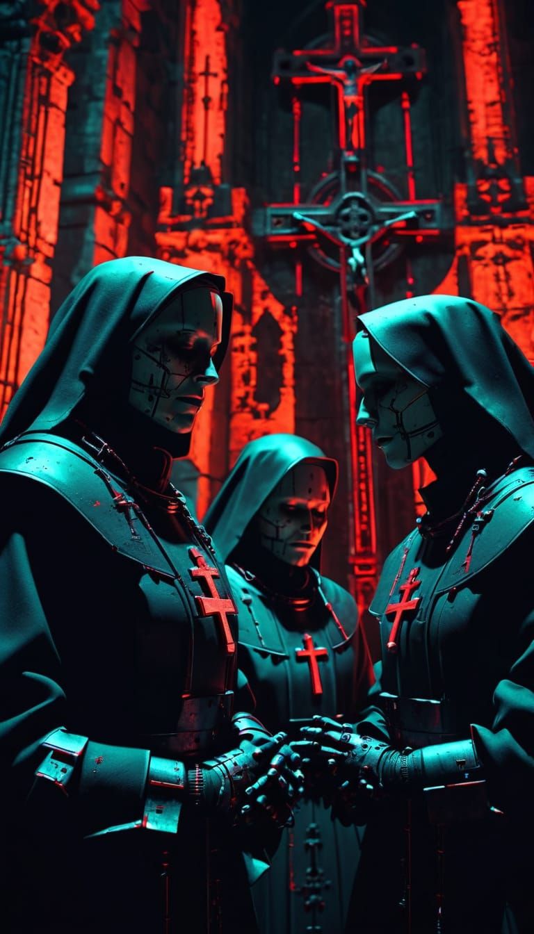 Cyberpunk Nuns in Gothic Cathedral