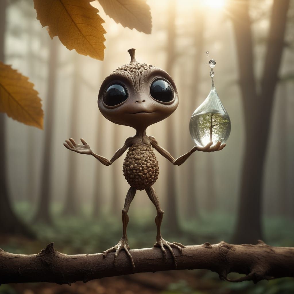 Whimsical Water-Bearing Acorn Aliens in Cinematic Hues