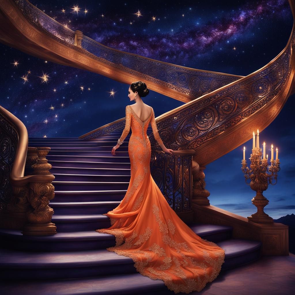 Elegant Woman Ascending Starry Staircase in Pre-Raphaelite S...