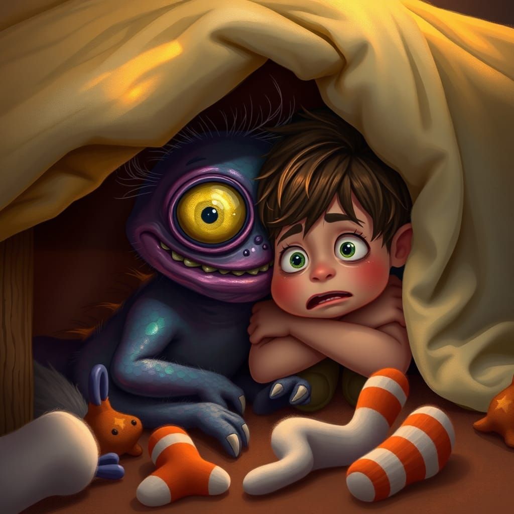 Frightened Boy and Monster Under Bed in Cartoon Style