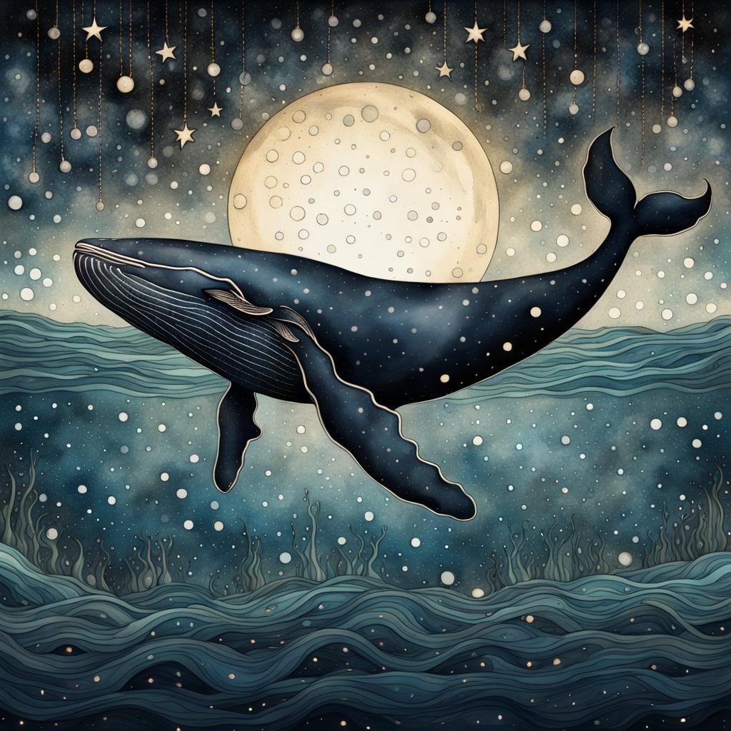 Whale Swimming at Night: Liquid Ink Watercolor Illustration