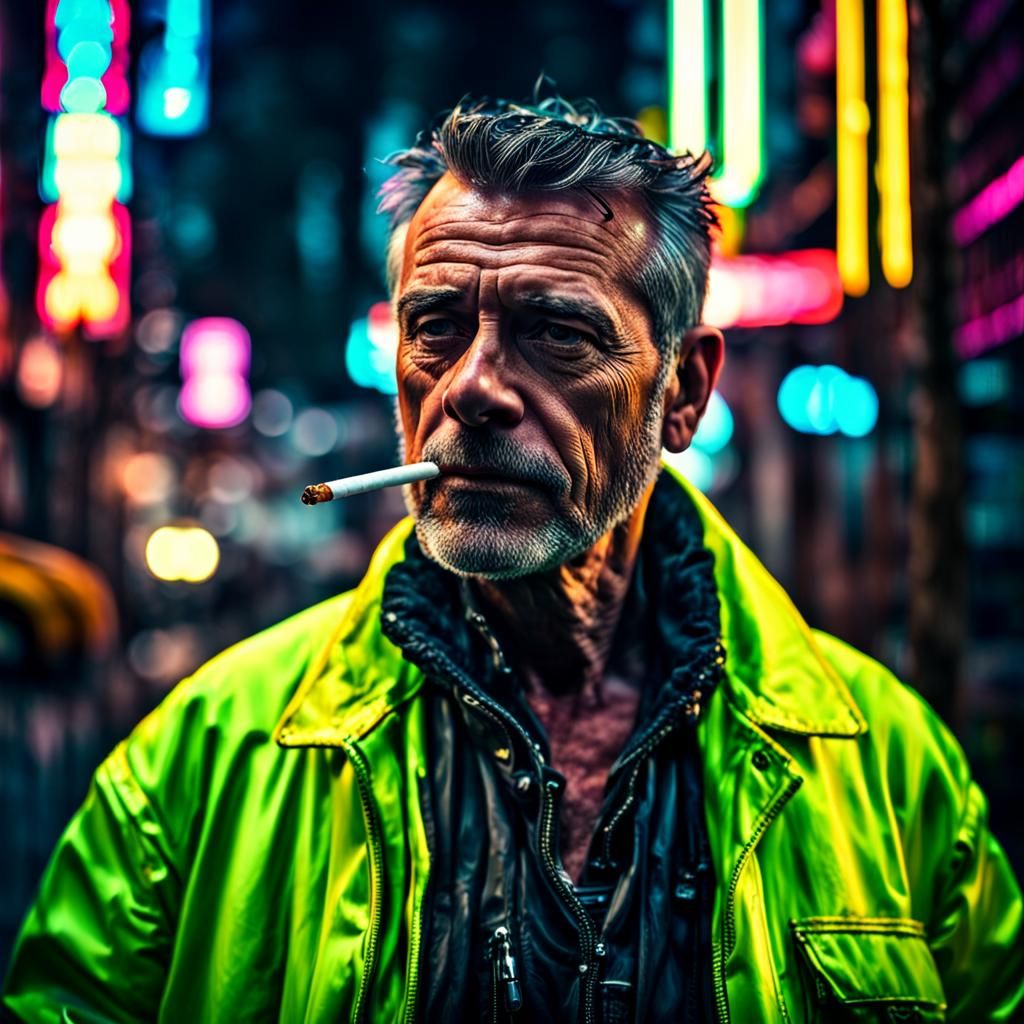 Cyberpunk Portrait: Middle-Aged Fixer in Neon City