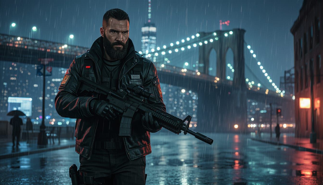 Division Agent in Rain-Soaked Neo-Noir Cityscape