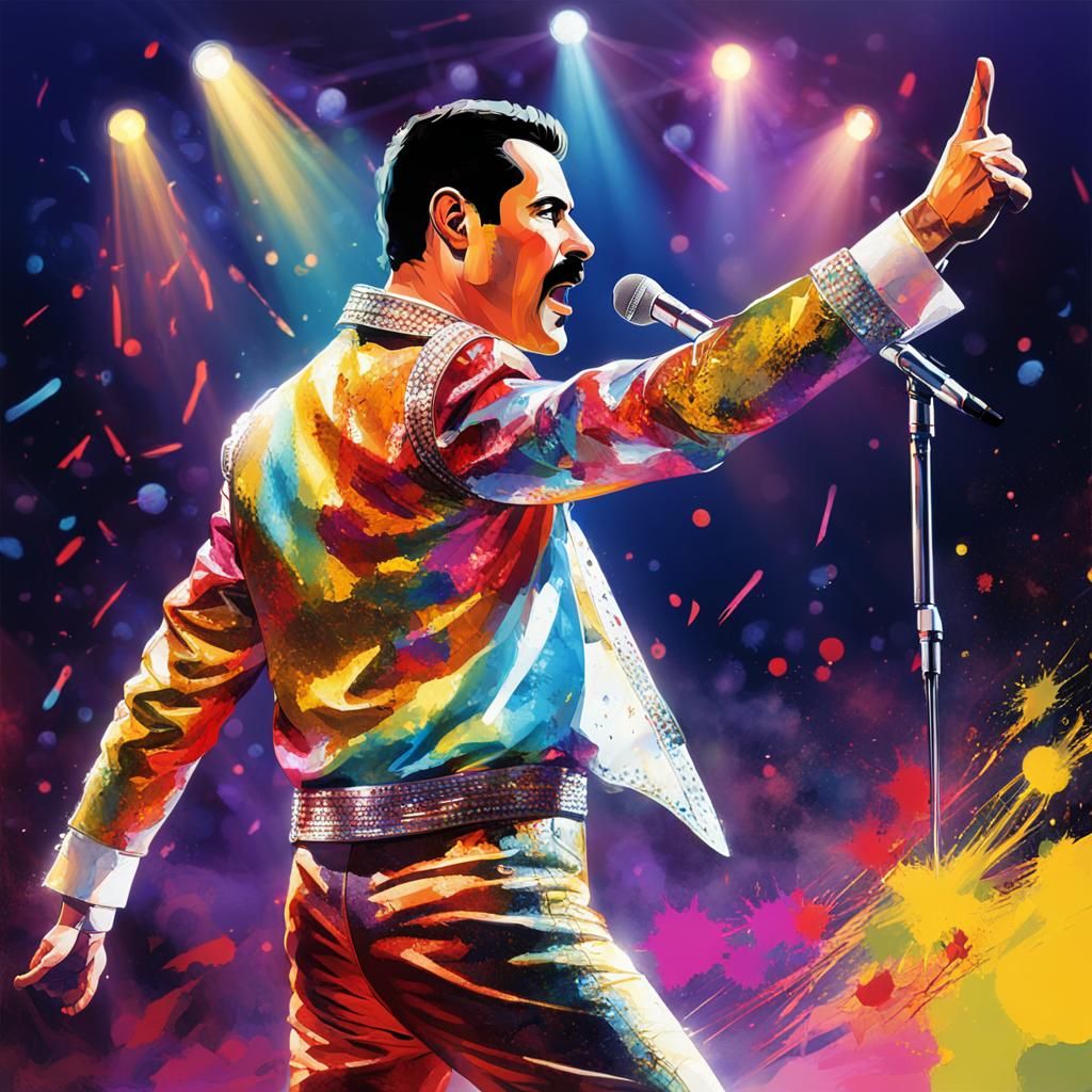 Freddy Mercury on Stage in Hyperrealistic Style
