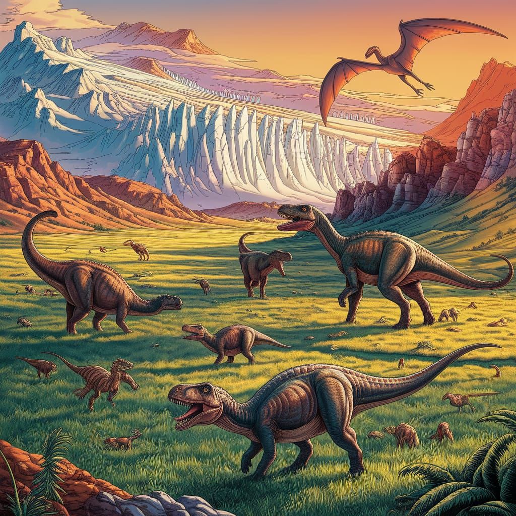 Dinosaurs Roam in a Prehistoric Landscape