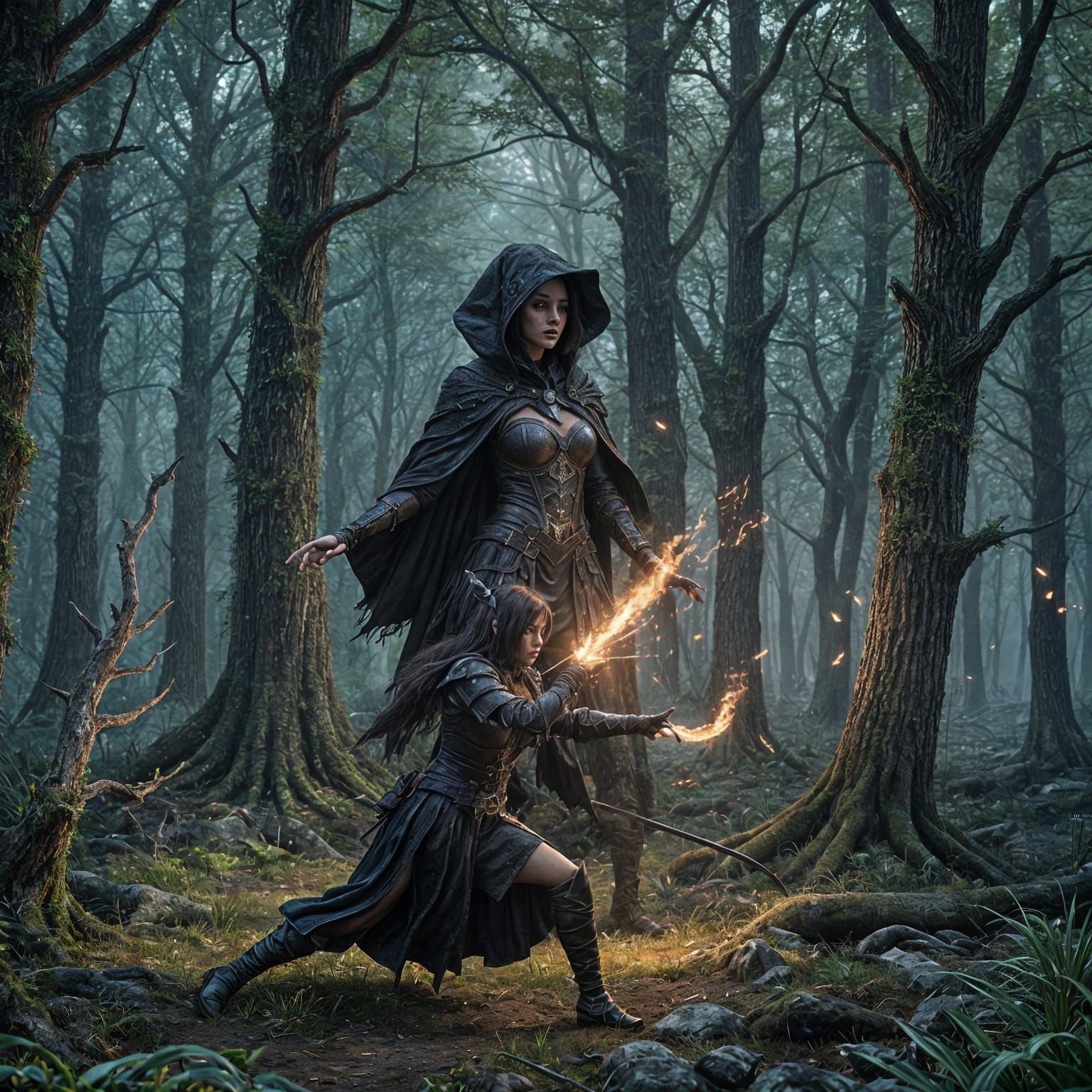 Fantasy Magic Duel in Forest, Acrylic Painting Style