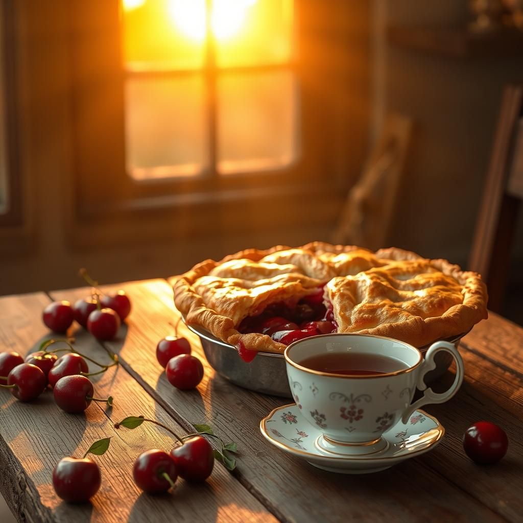 Delicious Cherry Pie Still Life in Golden Light