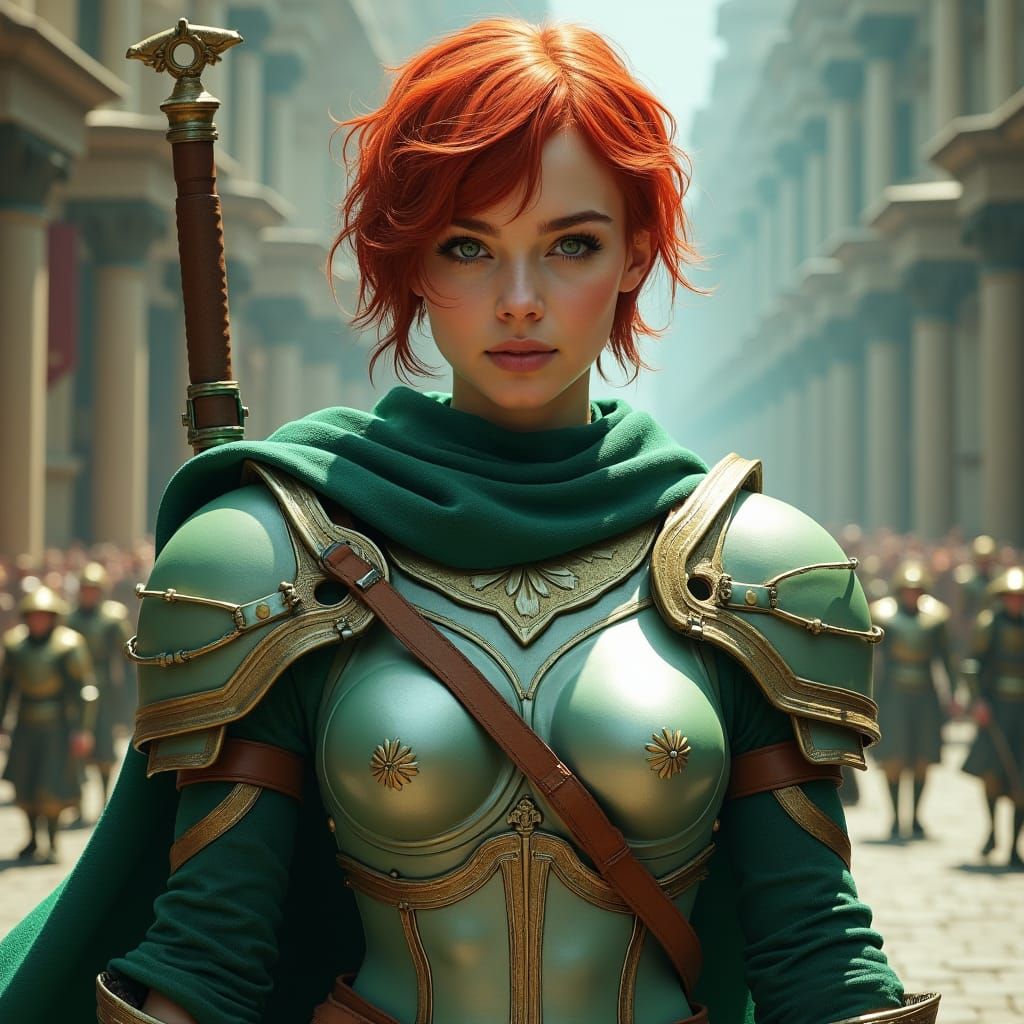 Red Haired Warrior in Green and White Armor