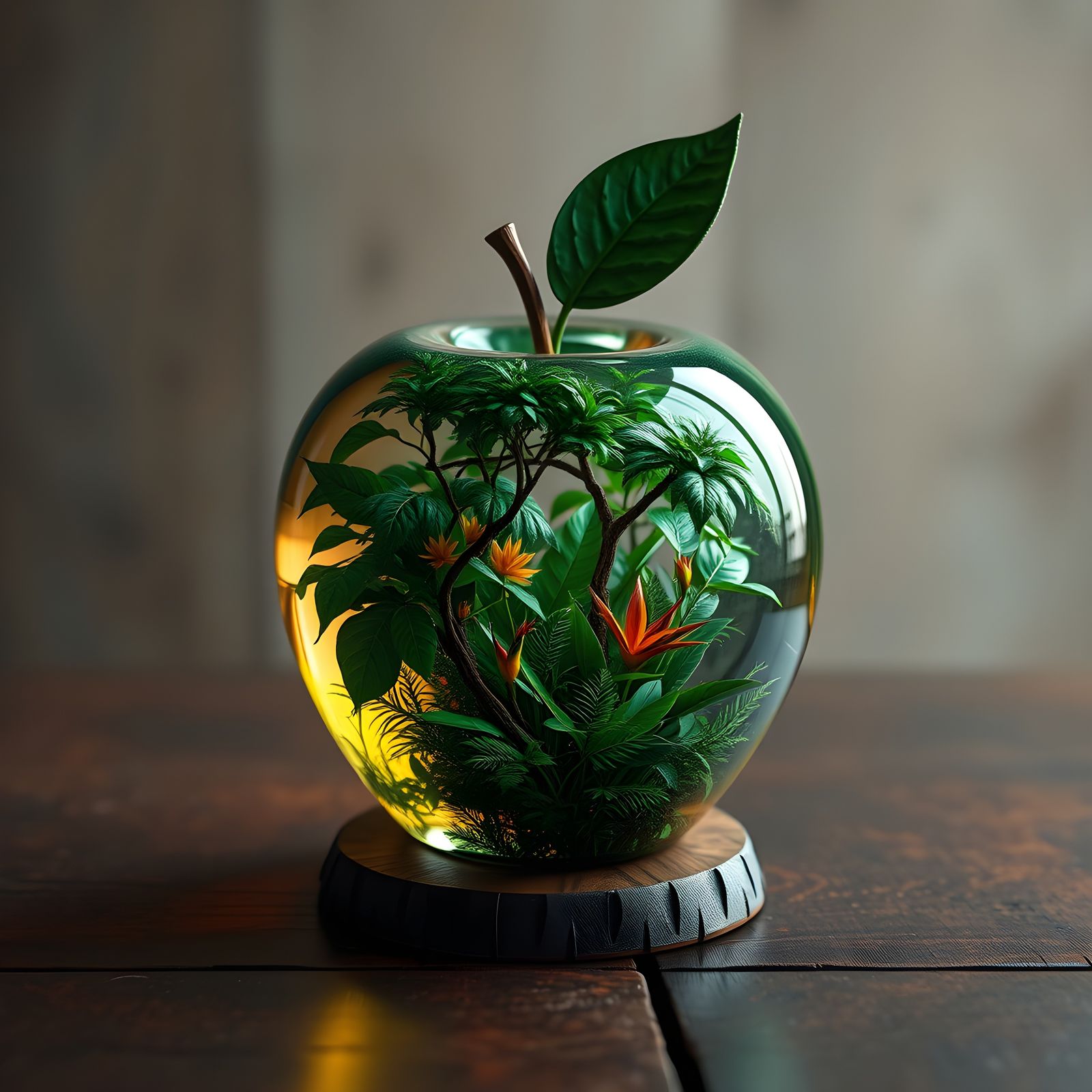 Glass Apple with Jungle Interior: Detailed Matte Painting