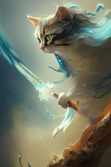 Fantasy Cat Warrior in Storm with Sword