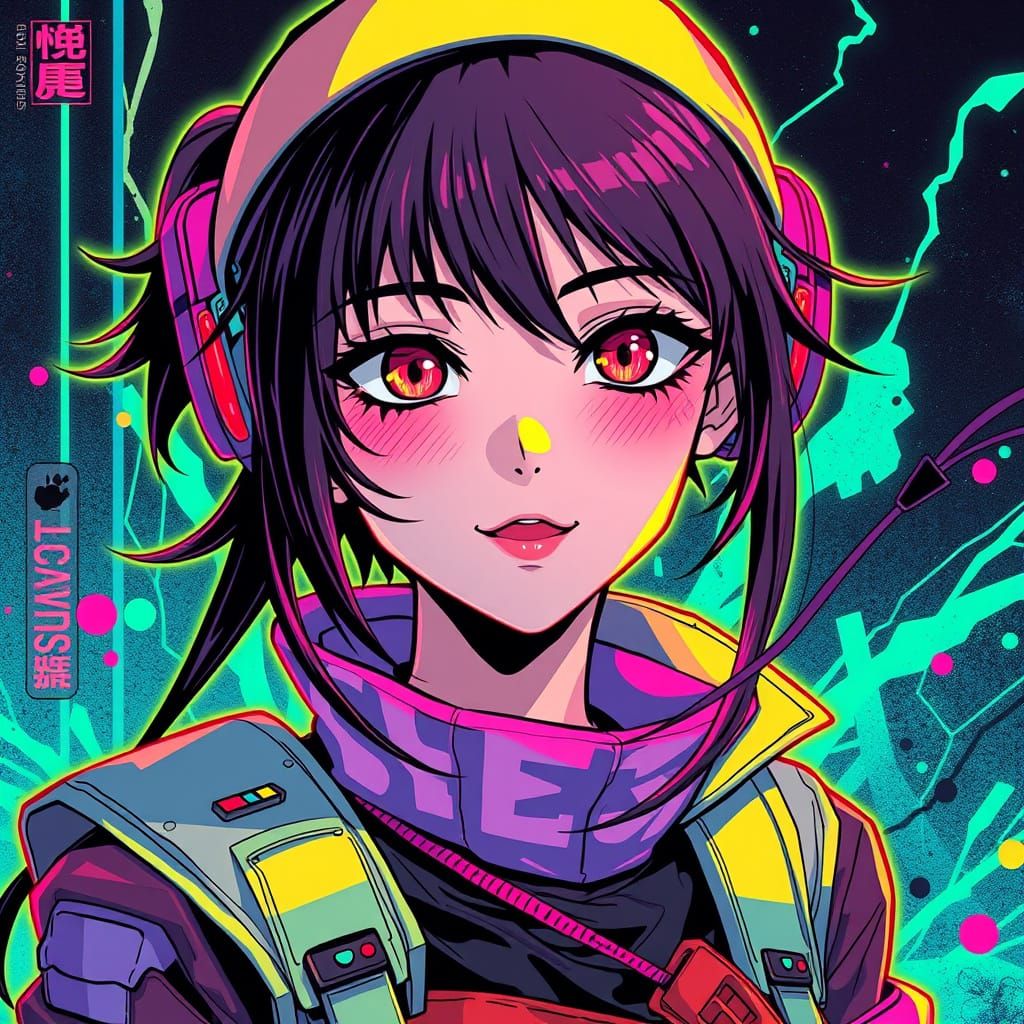 Bold Neo-Pop Anime Portrait in Vibrant Neon Colors