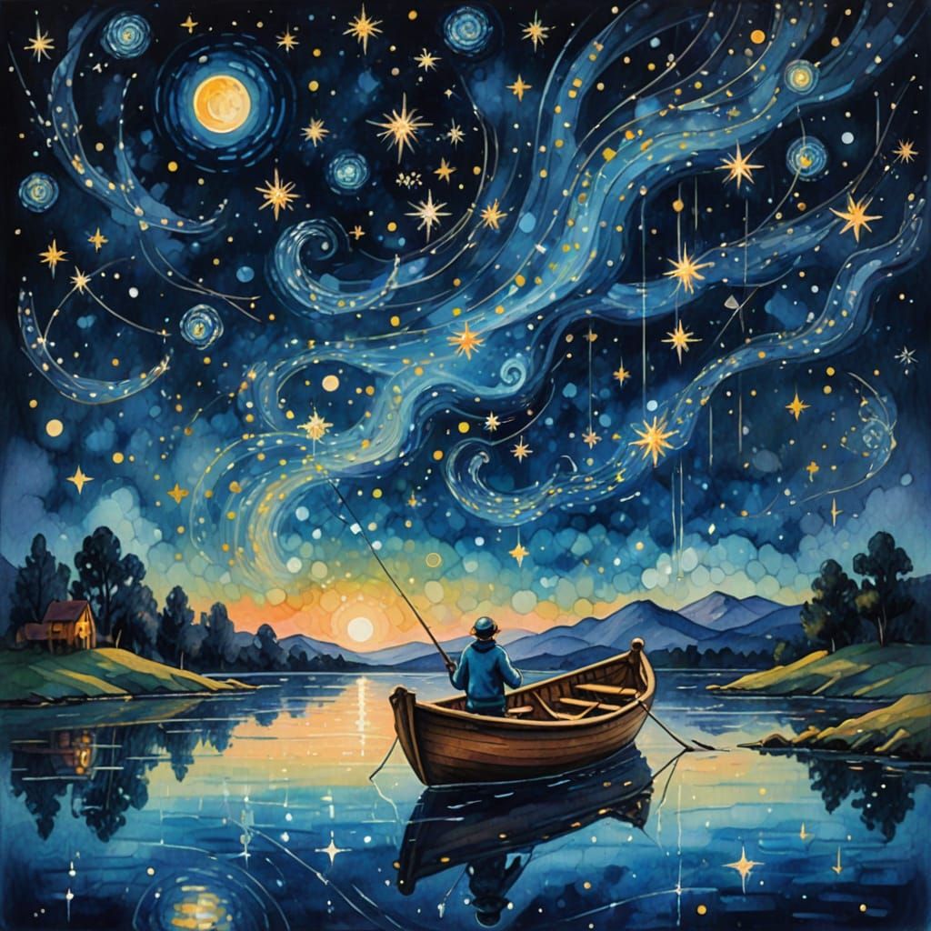 Whimsical Watercolor Starscape with Lone Fisherman