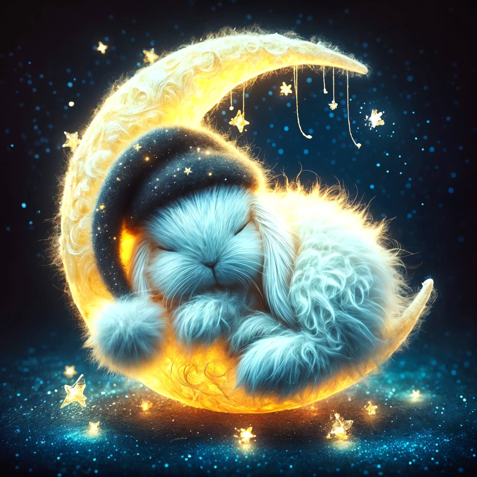 Sleeping Bunny on Bioluminescent Moon in Space