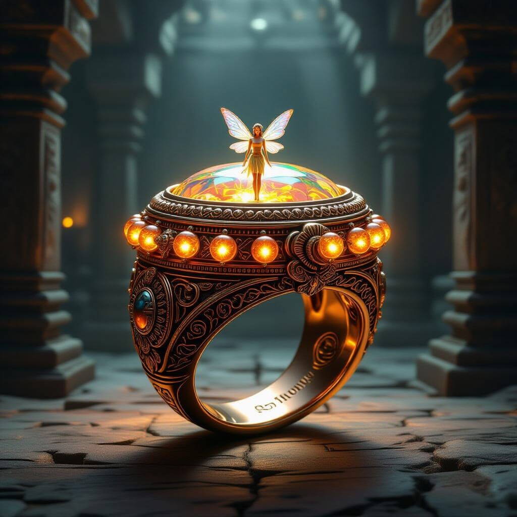 Ancient Copper Ring with Fairy in Temple