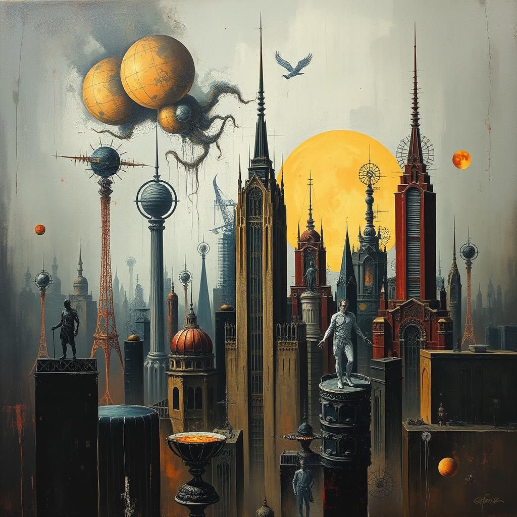 Dystopian Cityscape: Surreal Impasto Art Deco Design