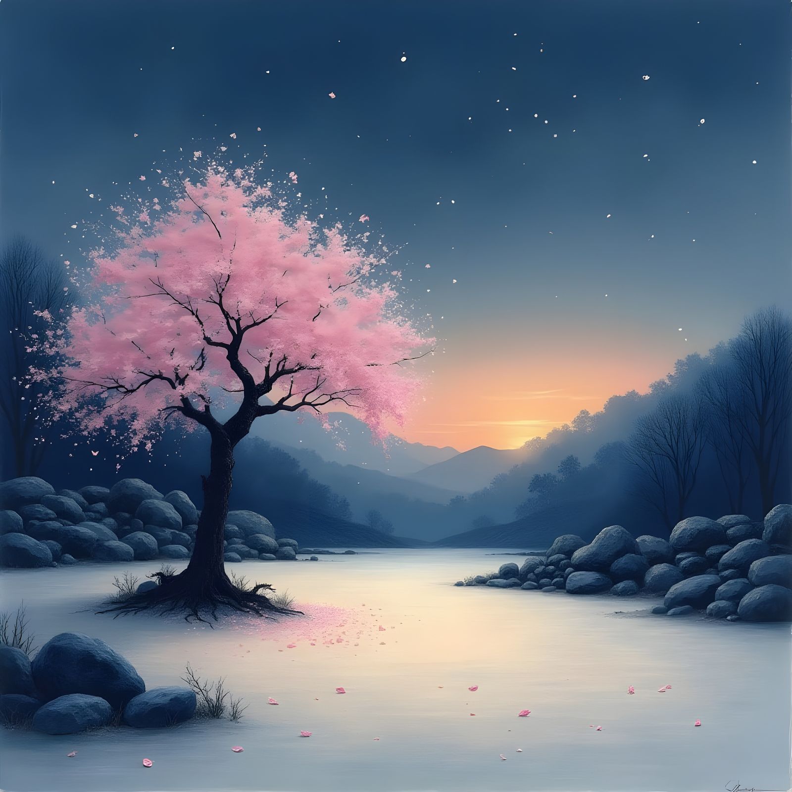 Tranquil Zen Garden at Twilight in Traditional Japanese Ink ...