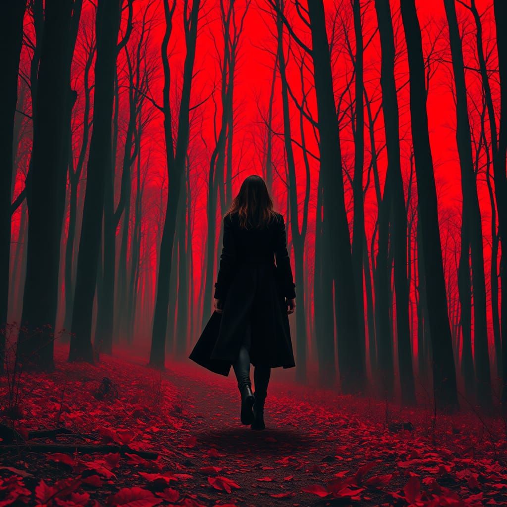 Mystical Woman Emerges from the Shadows in Vibrant Red