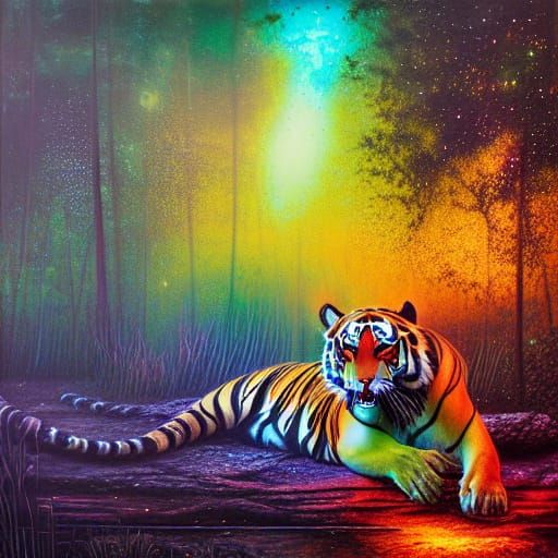 Tigers in Jungle River at Sunset, Oil Painting