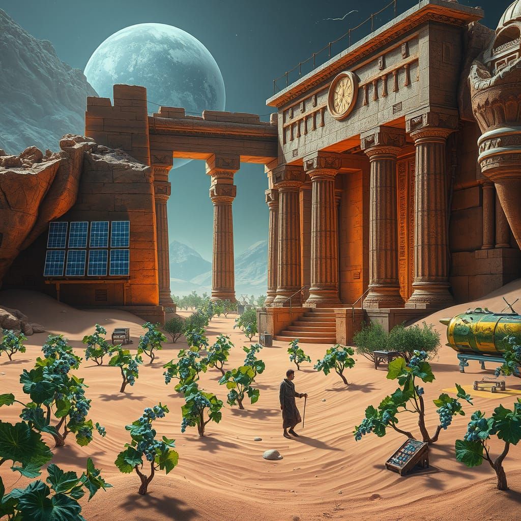Solarpunk Oasis in Ancient Egyptian Temple Ruins