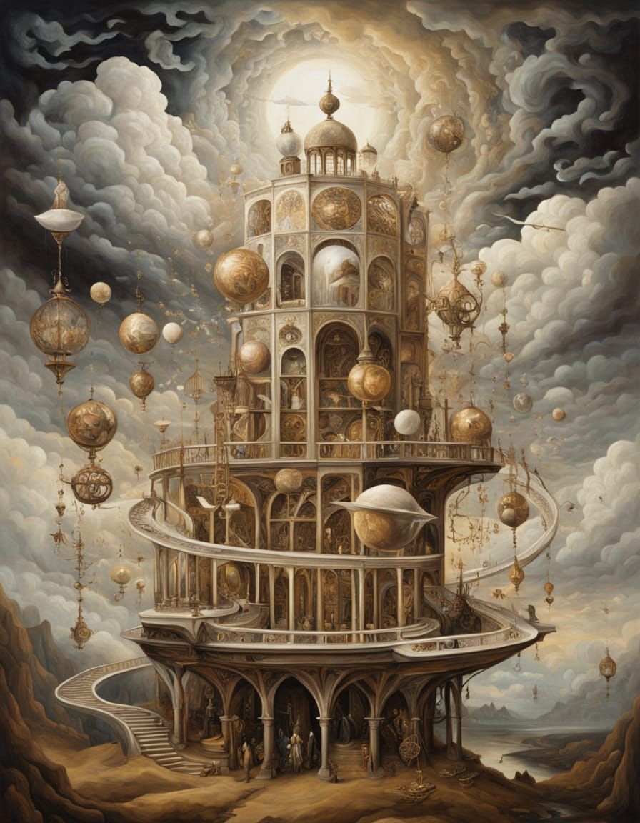 Impossible Geometric Structure With Hourglass In Surreal Oil...