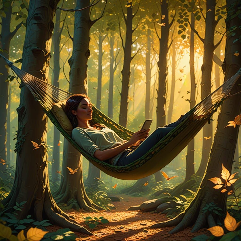 Serene Lady in Hammock: Golden Hour Forest Scene